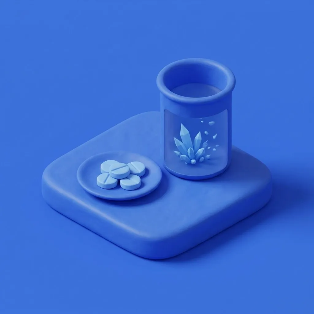 Tablets beside a beaker with dissolving crystals