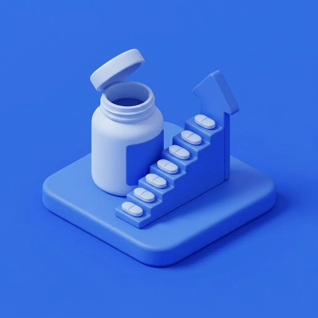 Tablet bottle with tablets rising toward an upward gauge