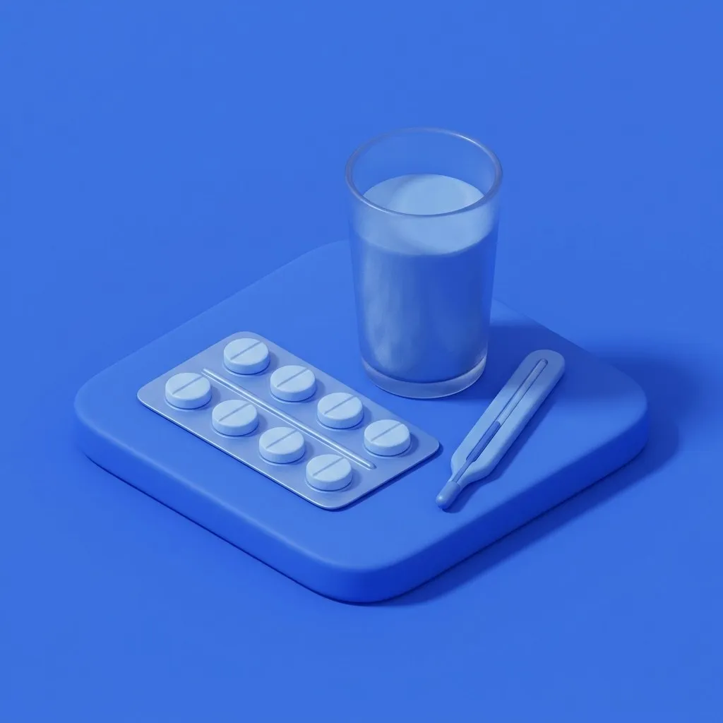Blister pack of white tablets with water glass and thermometer