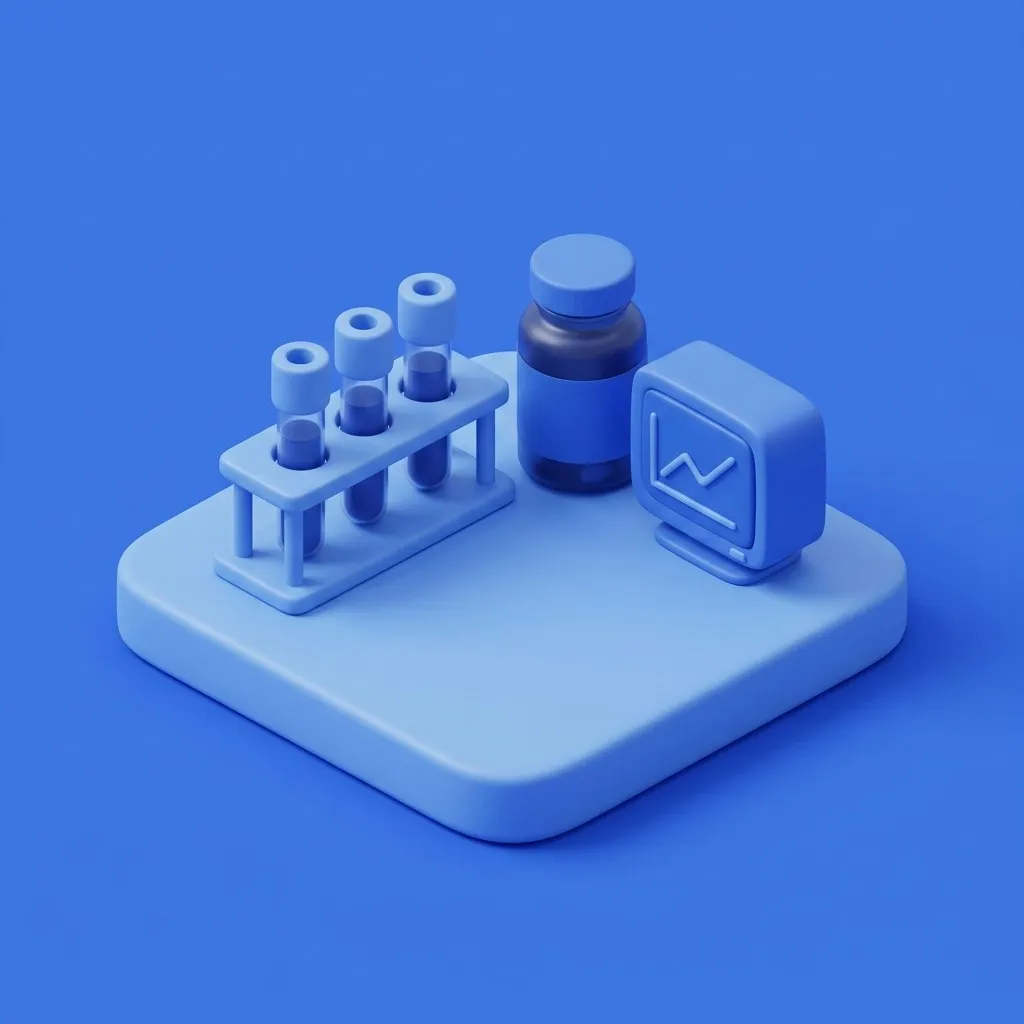Blood vials and capsule bottle beside a monitoring line graph