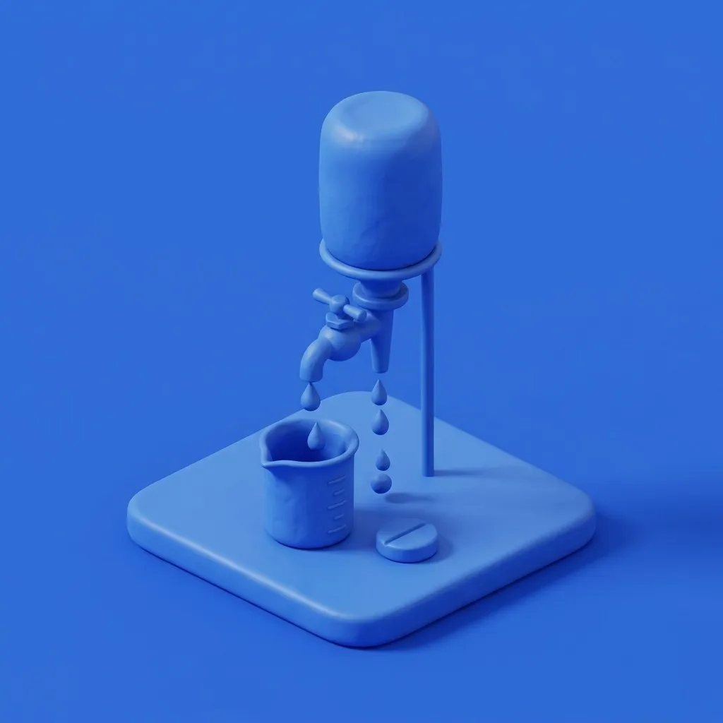 Stylized bladder flask draining fully into a measuring beaker