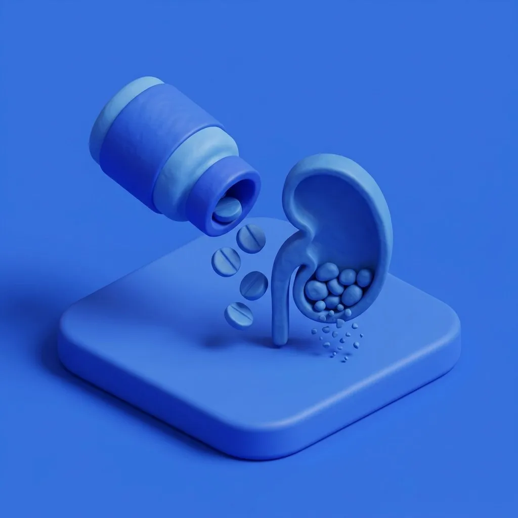 Medicine bottle and tablets dissolving uric acid crystals