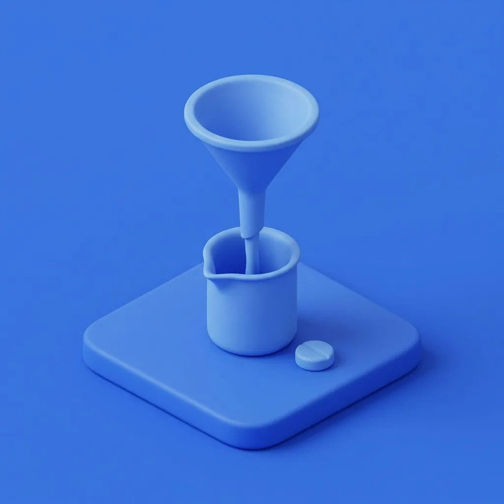Pill bottle with capsules beside a widening flow funnel