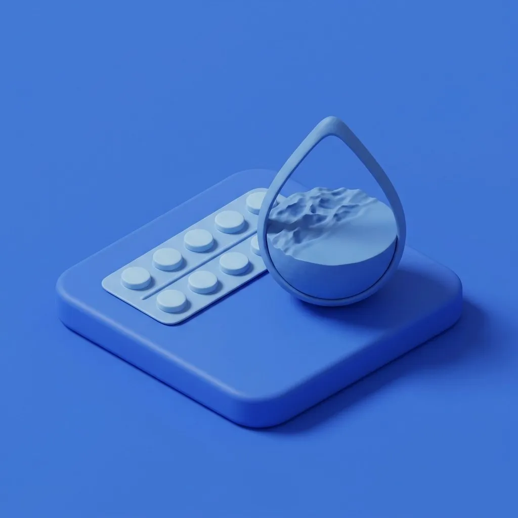 Tablets beside a stylized bladder vessel with water settling calm
