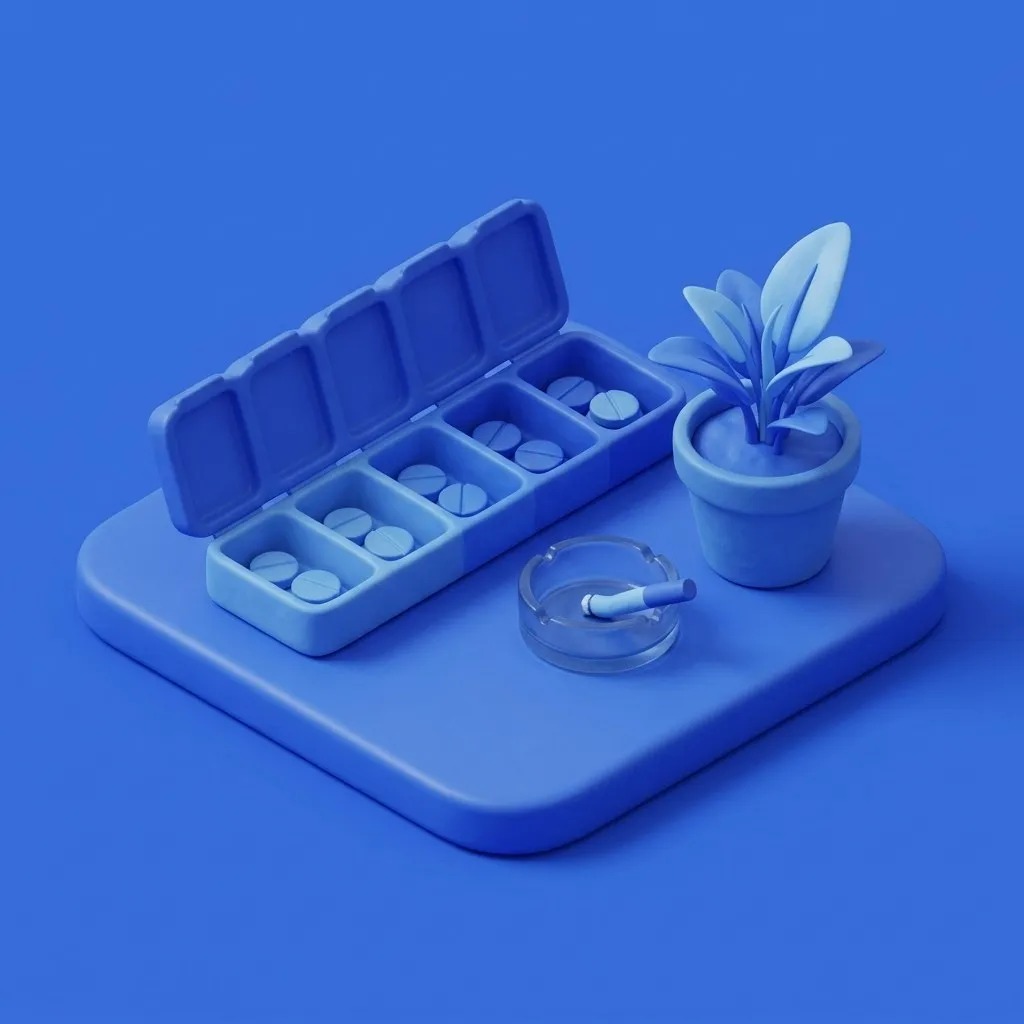 Pill organizer, extinguished cigarette and sprouting plant