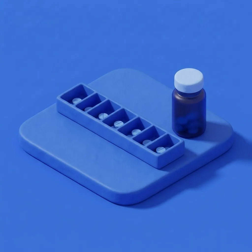 Weekly pill organizer with daily tablets and medicine bottle