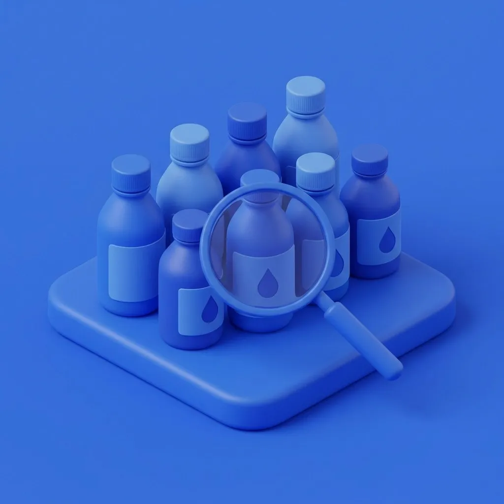 Assorted cough syrup bottles examined under a magnifying glass