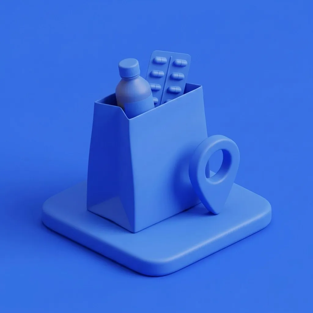 Pharmacy bag holding cough syrup bottle and blister pack