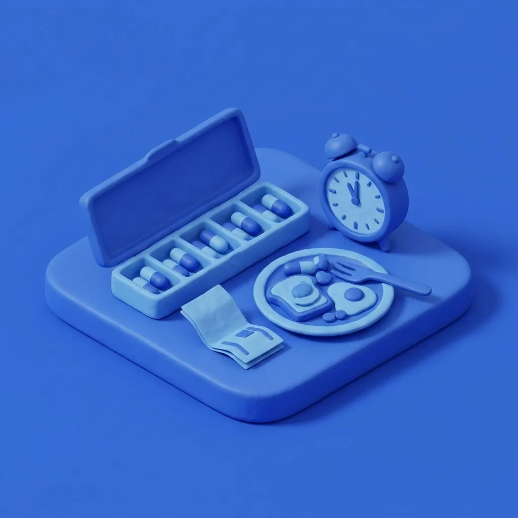 Pill organizer with capsules beside breakfast and morning clock