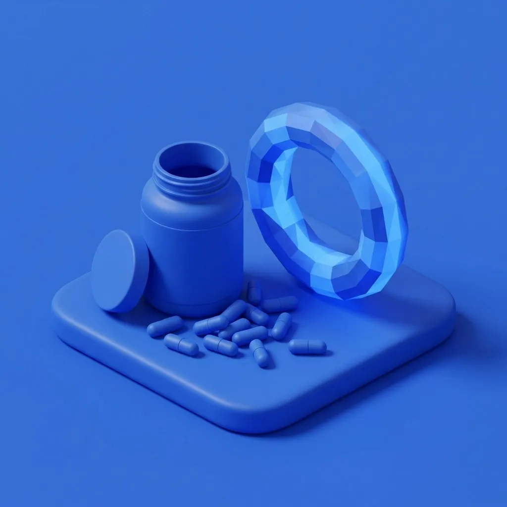Open capsule jar beside a glowing abstract molecule ring