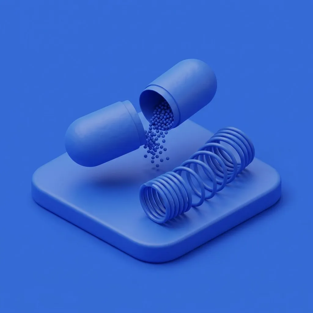 Opened extended-release capsule beside a relaxing coil