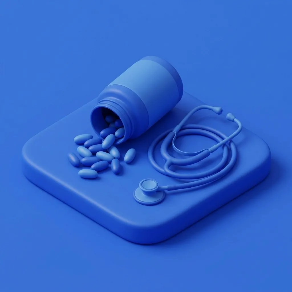 Amber pill bottle spilling capsules beside a stethoscope