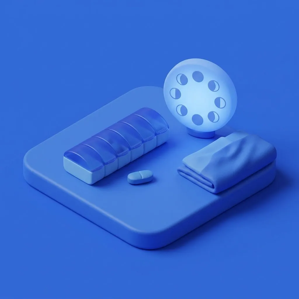 Pill organizer and tablet on a nightstand beside a moon lamp