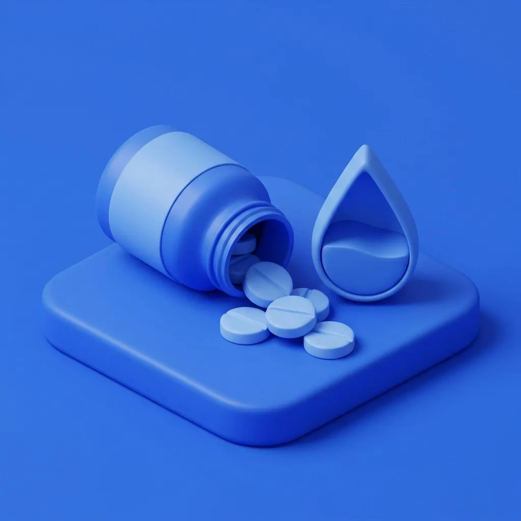 Spilled bottle of white metformin tablets beside a blood-sugar droplet