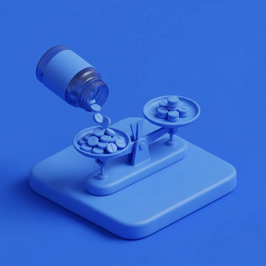 Medicine bottle and tablets balanced on a scale