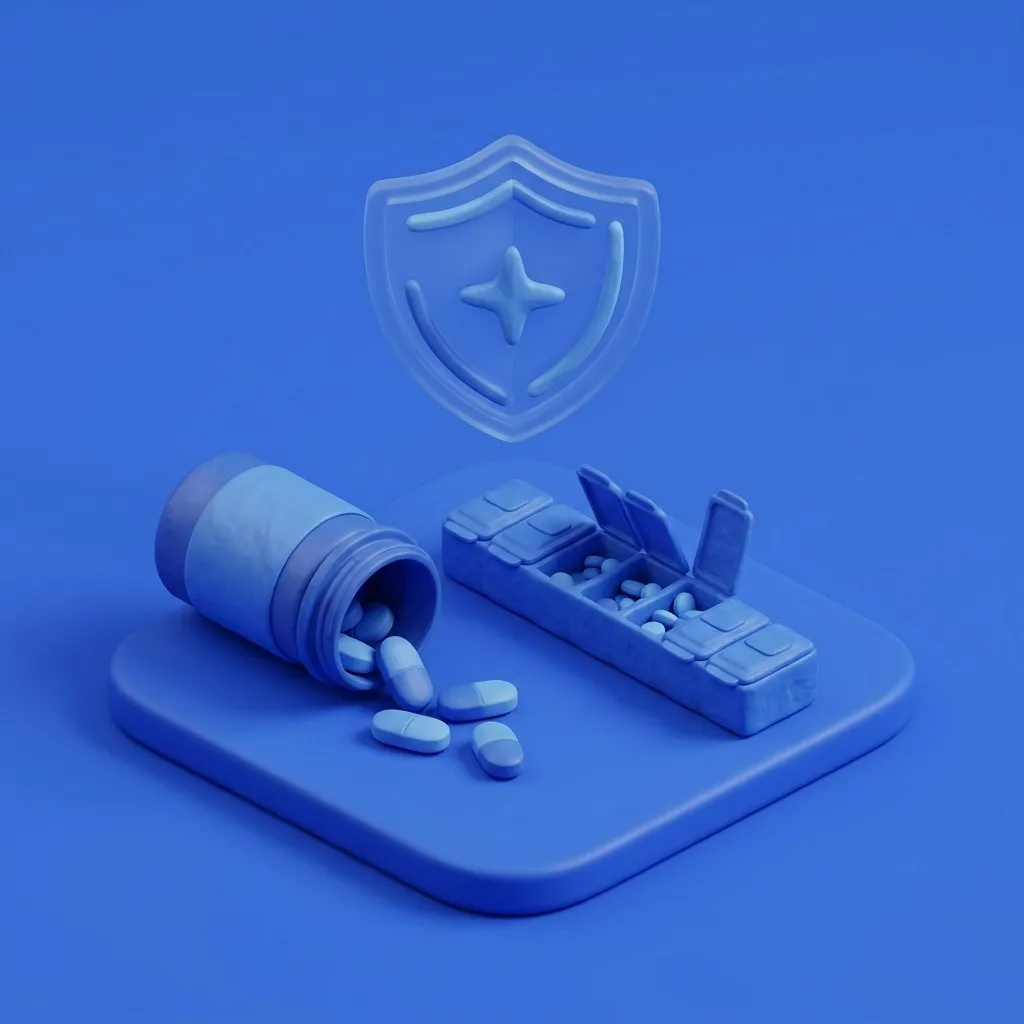 Antiviral tablet bottle beside a weekly pill organizer