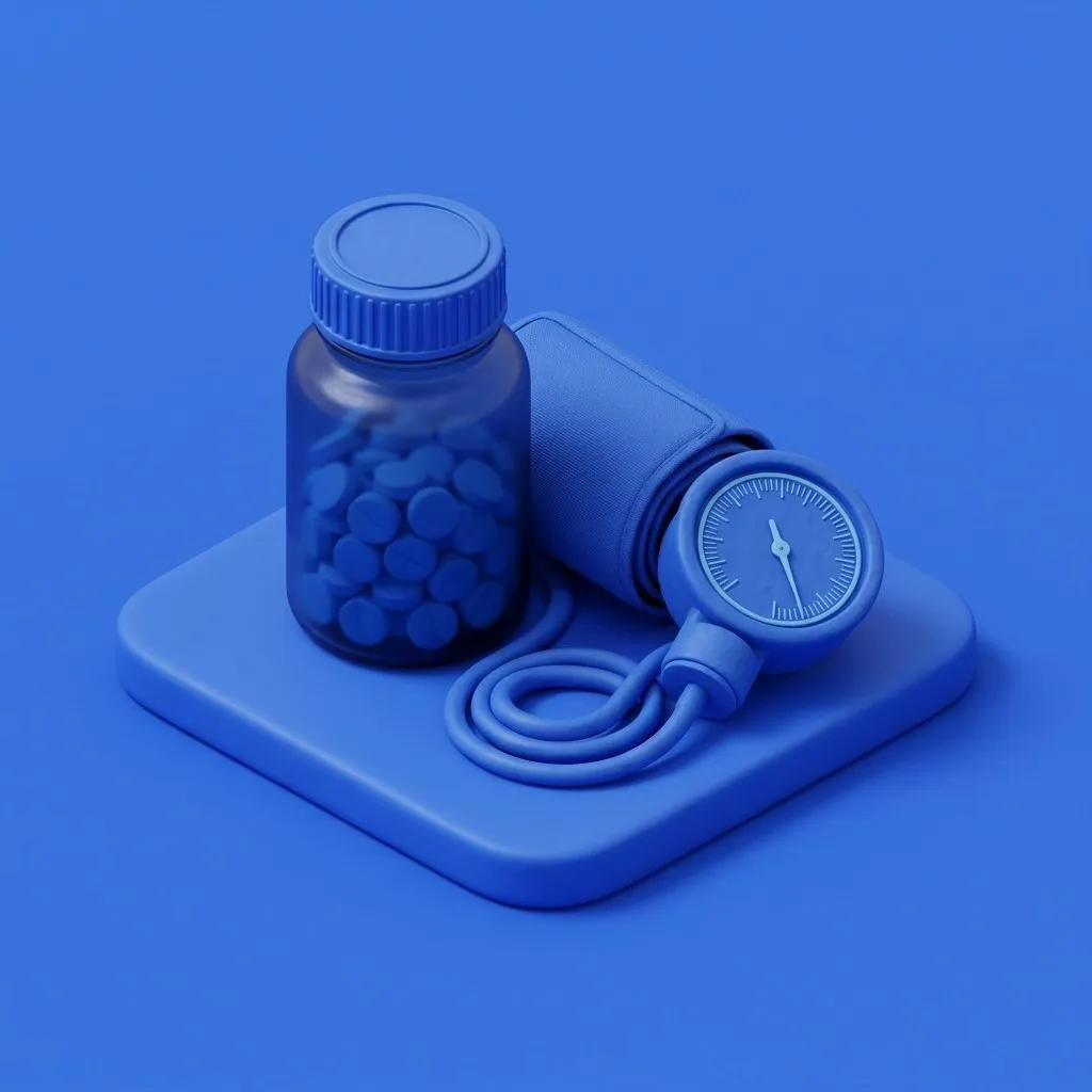 Medicine bottle and tablets beside a blood pressure cuff