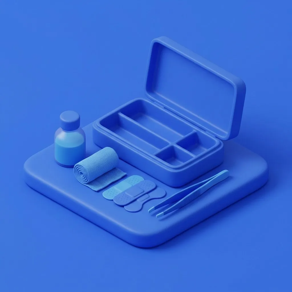 Antiseptic bottle, gauze and plasters on a first-aid tray
