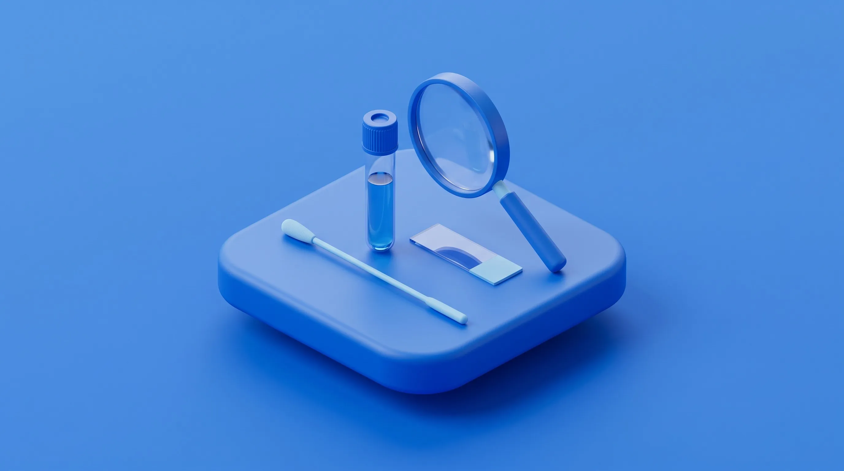 Isometric illustration of HPV testing for men: a collection swab, specimen tube, lab slide and magnifying glass