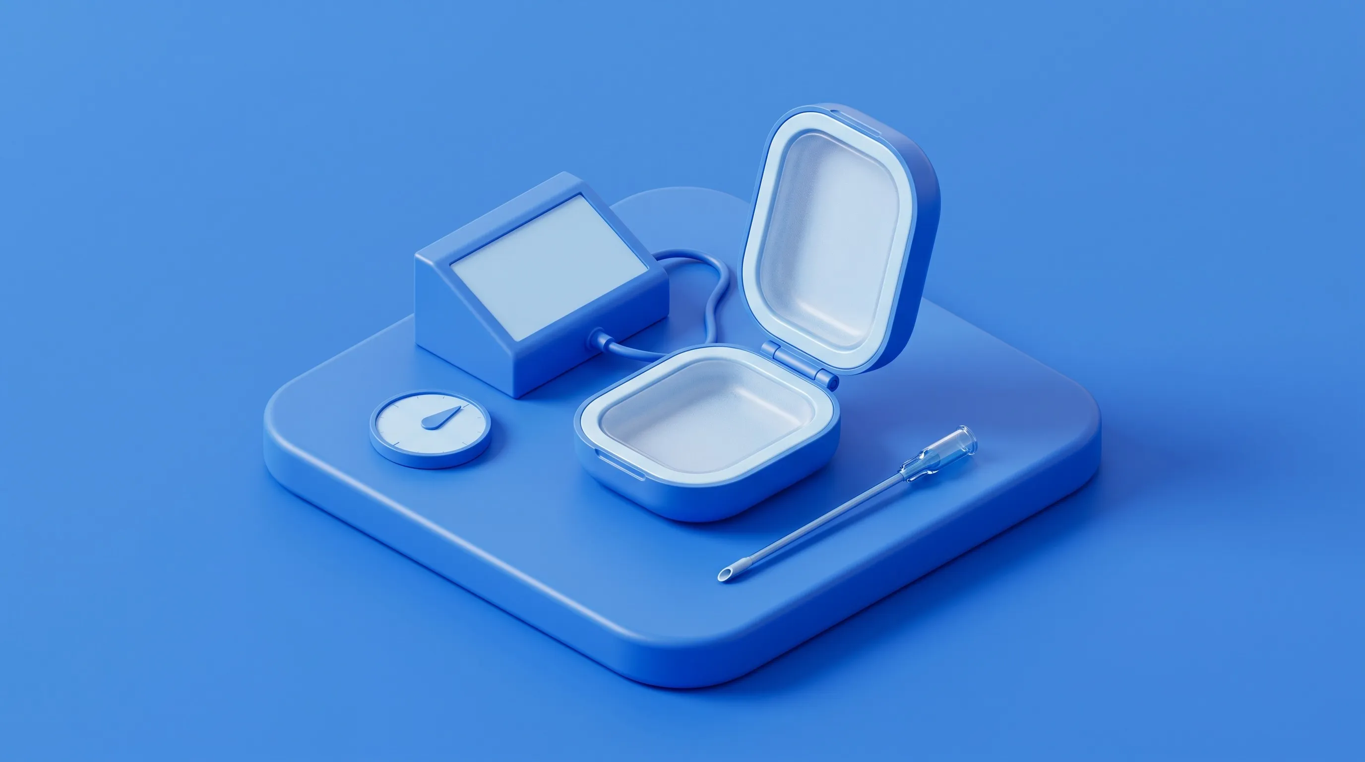 Isometric illustration of double chin treatment for men: a hinged fat-freezing applicator, a control console, a liposuction cannula and a timer