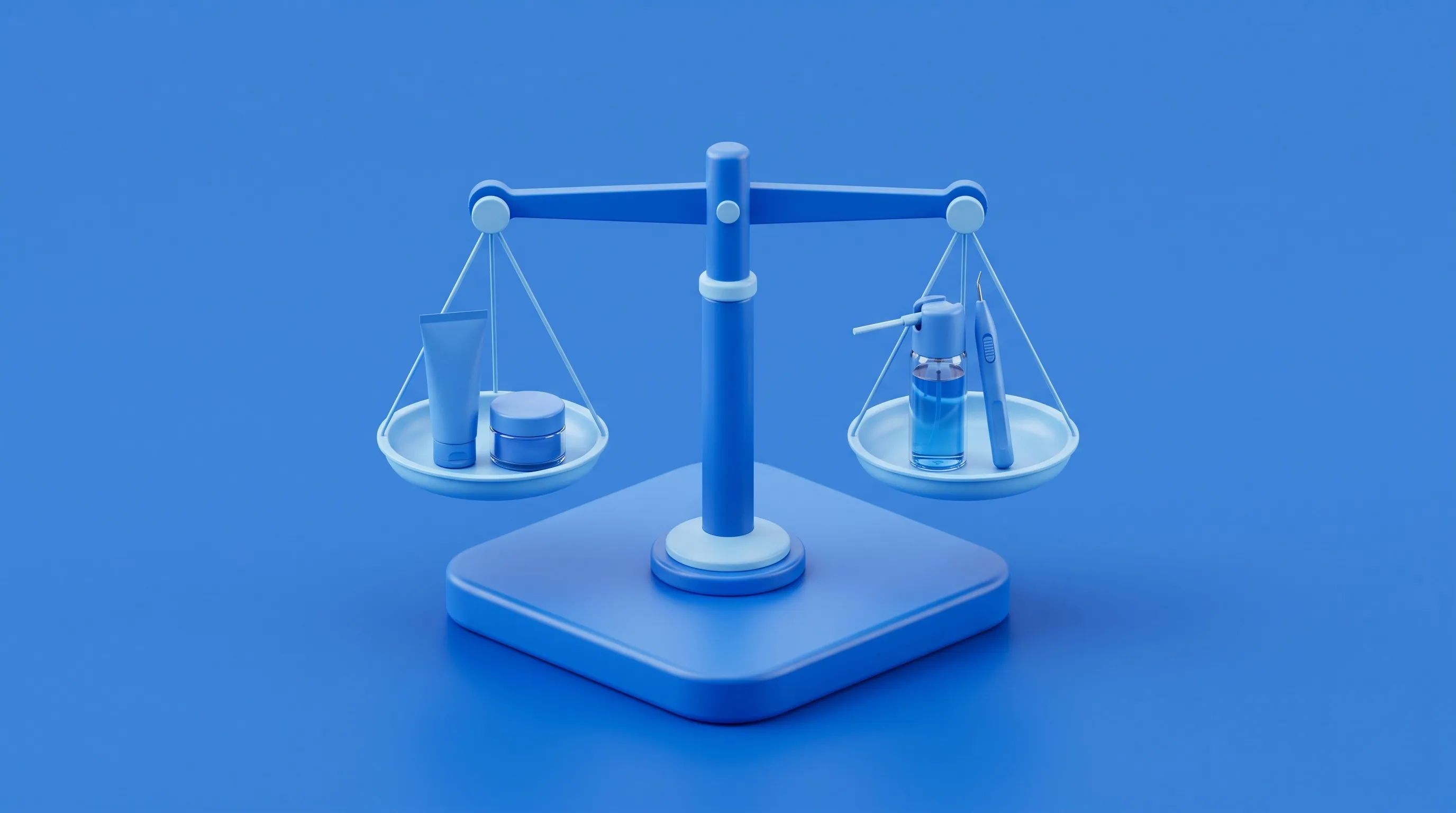 Isometric illustration comparing home treatment and clinic treatment for genital warts on a balance scale