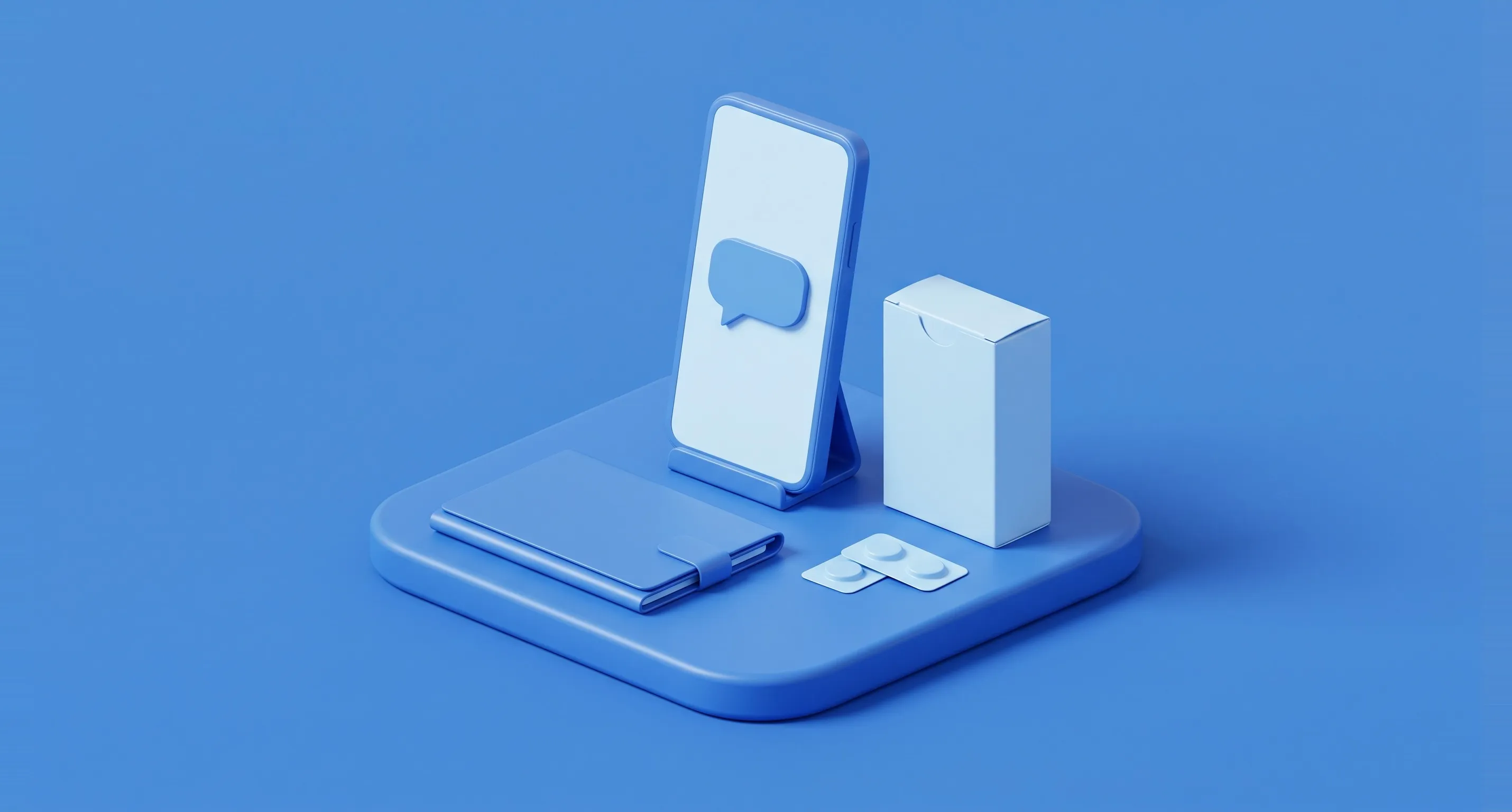 Isometric illustration of online ED treatment in Thailand: a smartphone video consult, a sealed medicine carton, a patient folder and blister packs