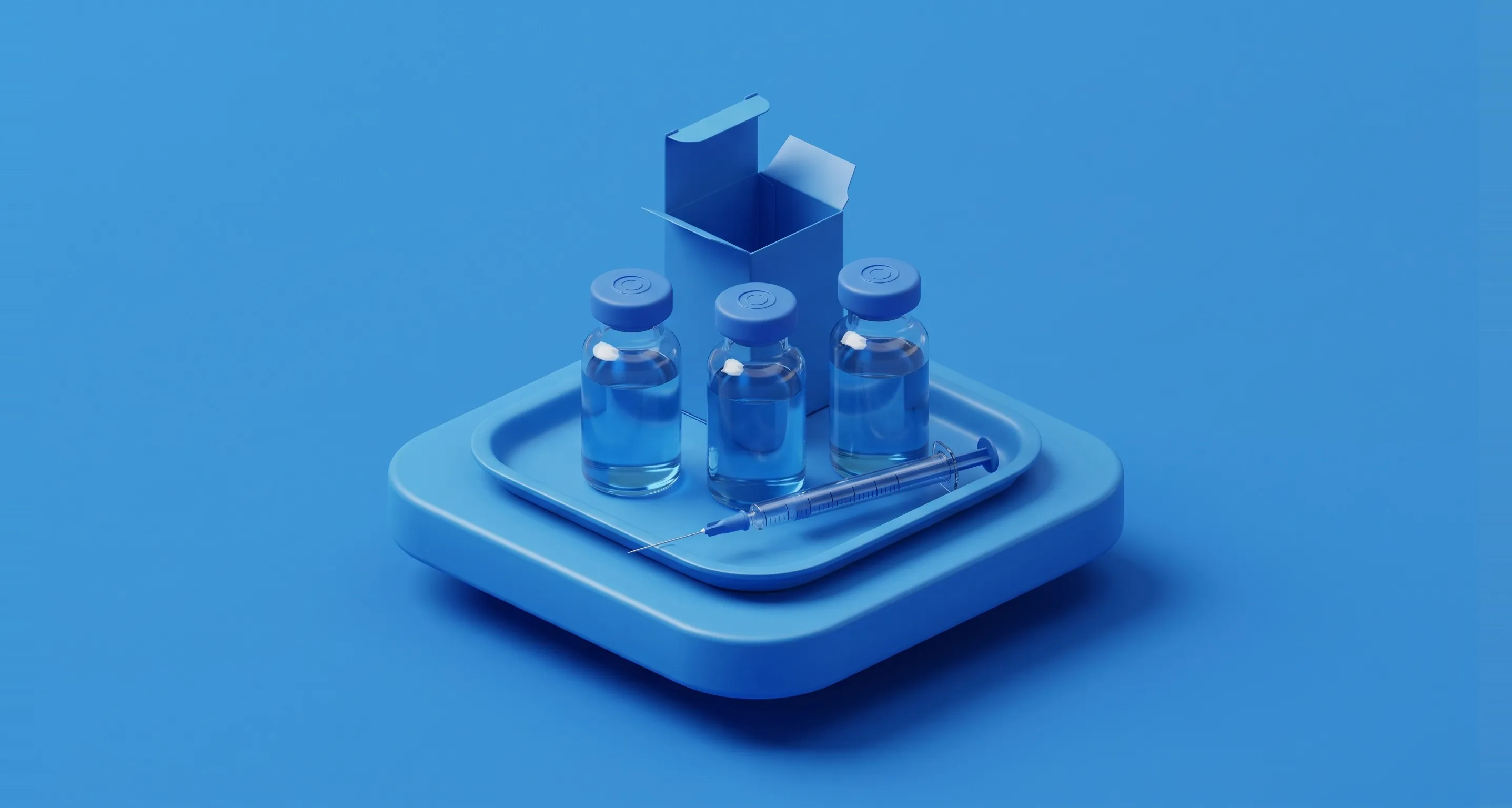 Isometric illustration of the HPV vaccine dose course for men in Bangkok: three vaccine vials, a syringe and a carton