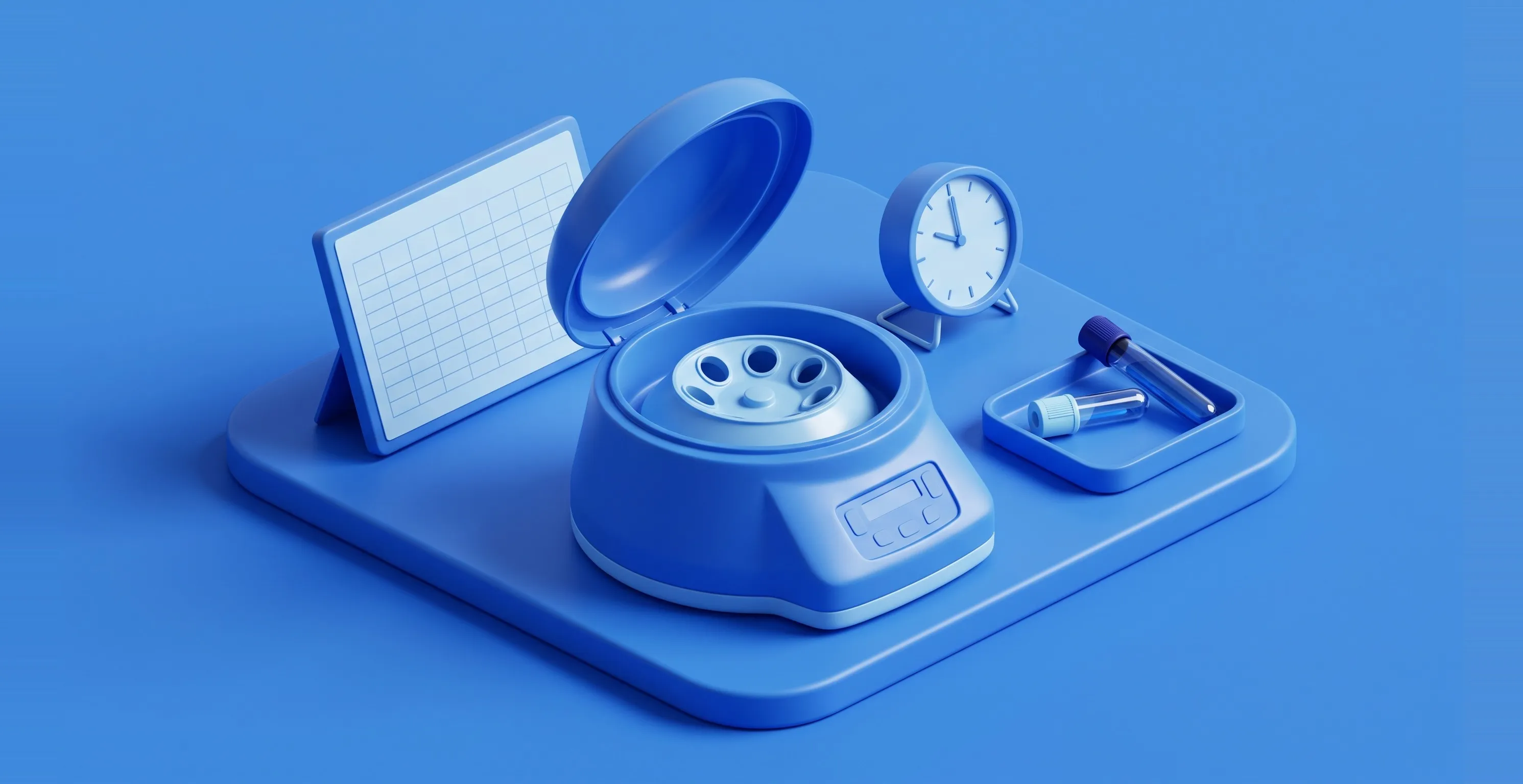 Isometric illustration of a male hormone panel: an open benchtop centrifuge, a tray of blood collection tubes, a morning clock and a results panel