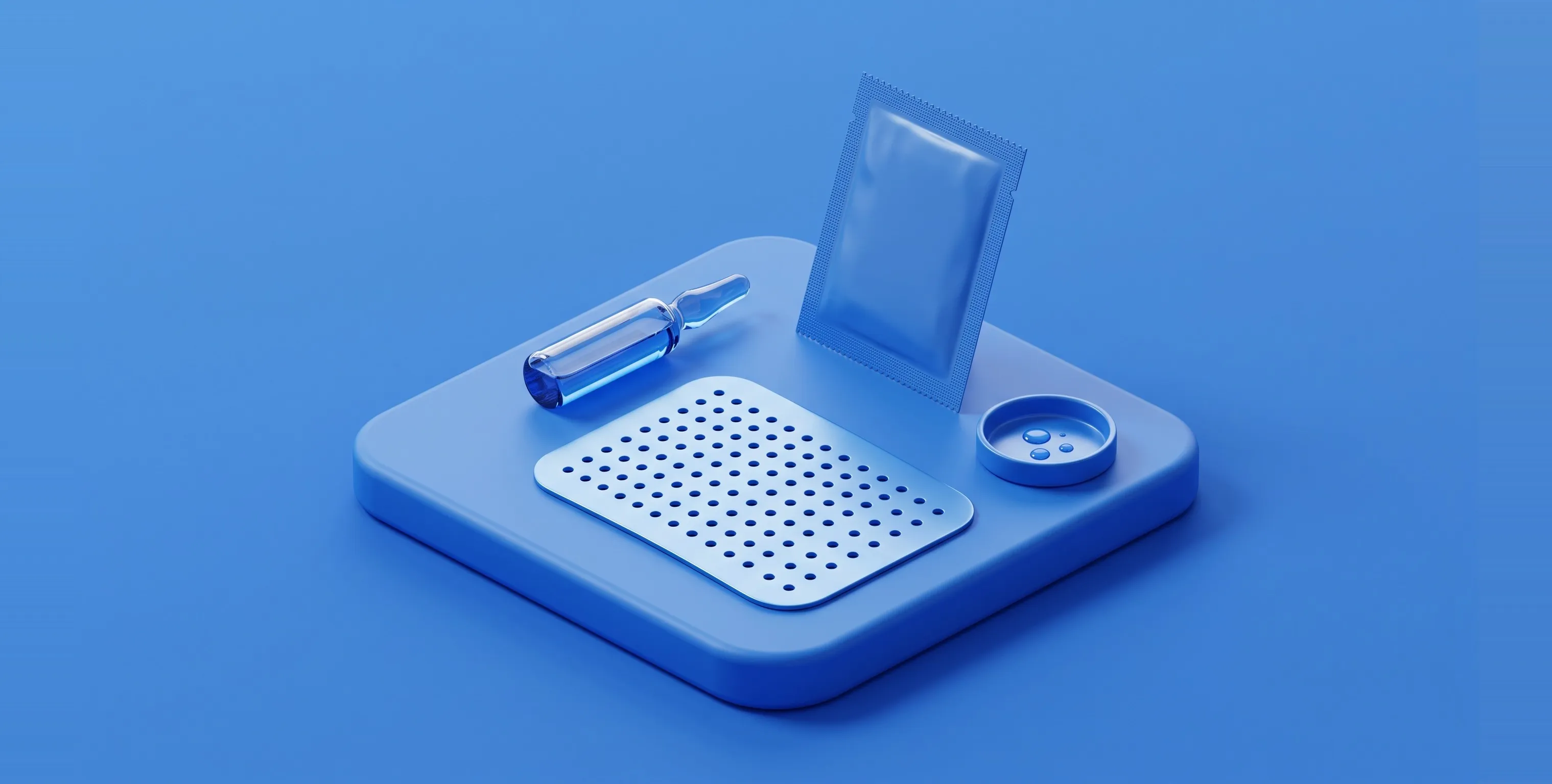 Isometric illustration of fat-dissolving injections in Bangkok: a perforated treatment template plate, a glass ampoule, a sealed sachet and a dish