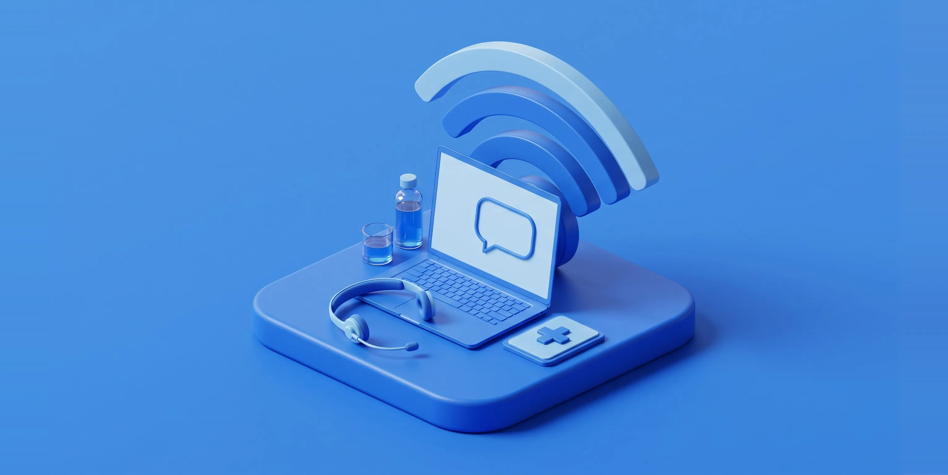 Isometric illustration of online doctor consultation in Thailand: an open laptop with a chat bubble, broadcast signal arcs, a headset and a medical cross