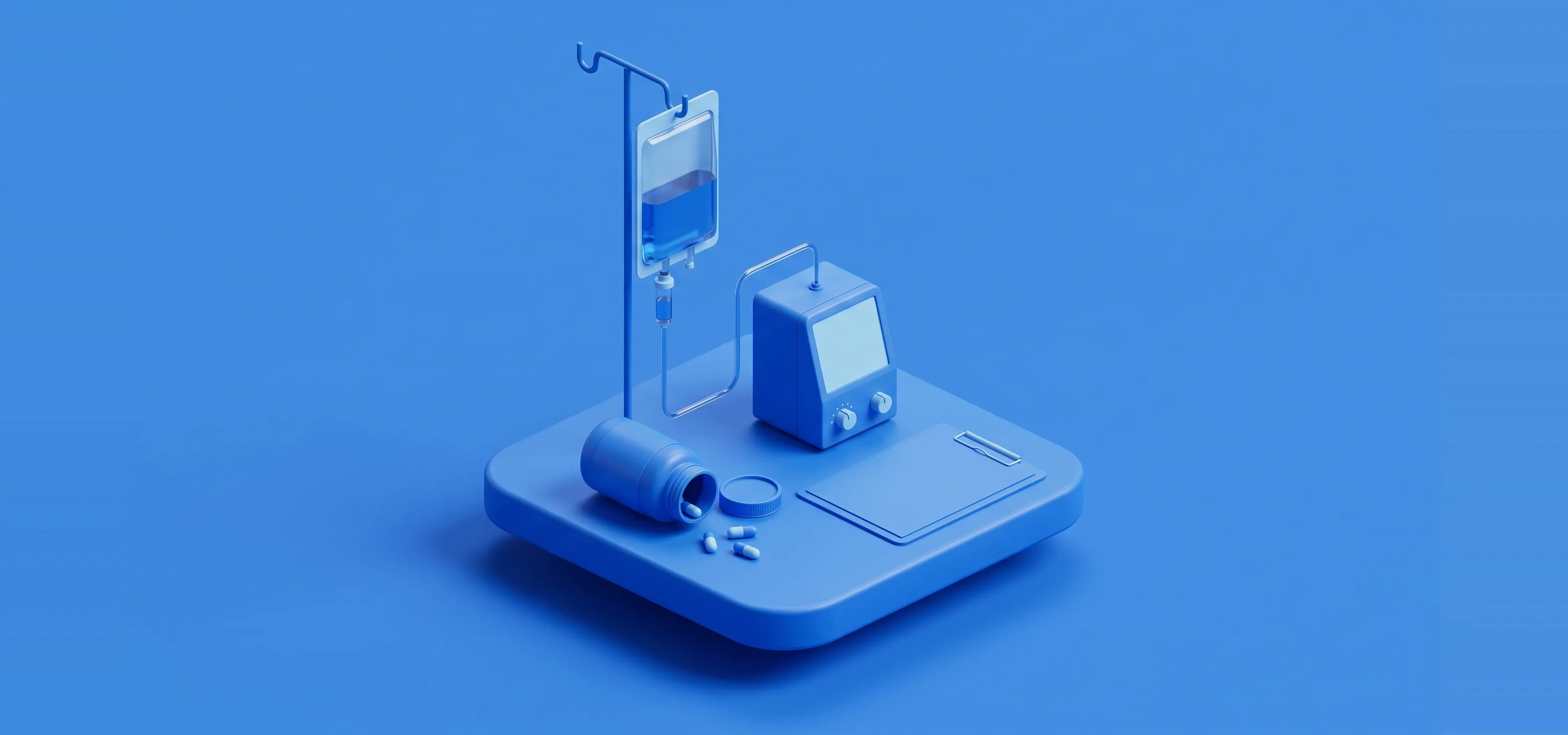 Isometric illustration of NAD+ IV therapy: a hanging infusion bag on a stand, an infusion pump, a tipped jar of capsules and a clipboard