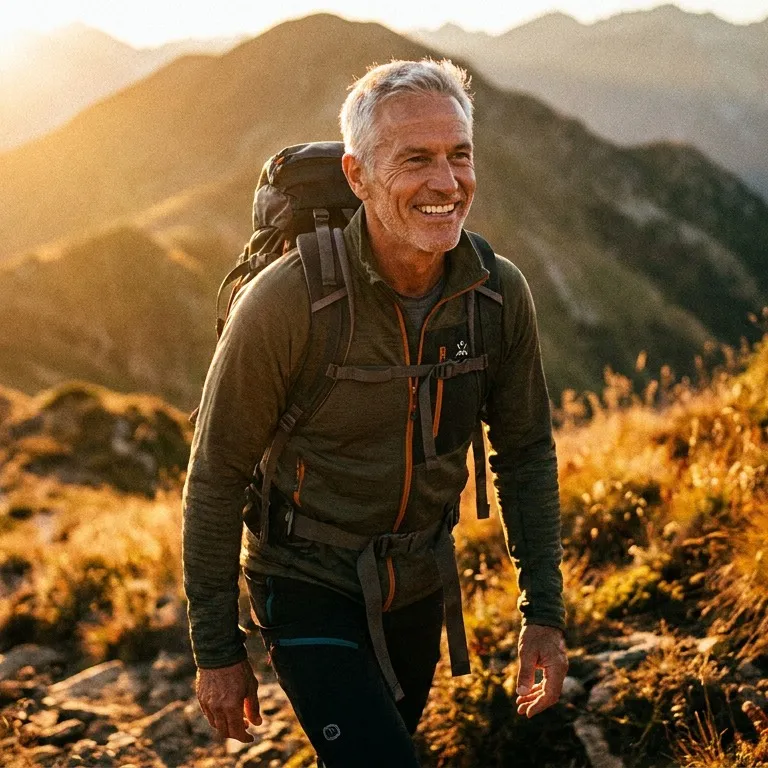 Active man in his 50s hiking at golden hour for longevity
