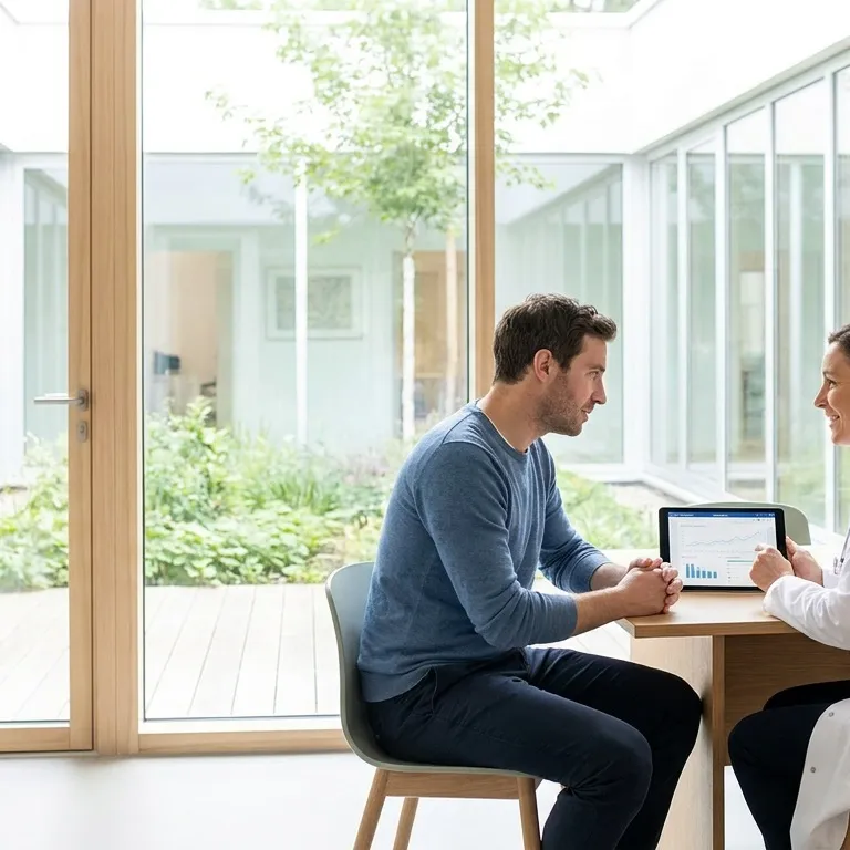 Doctor reviewing health data with patient on tablet