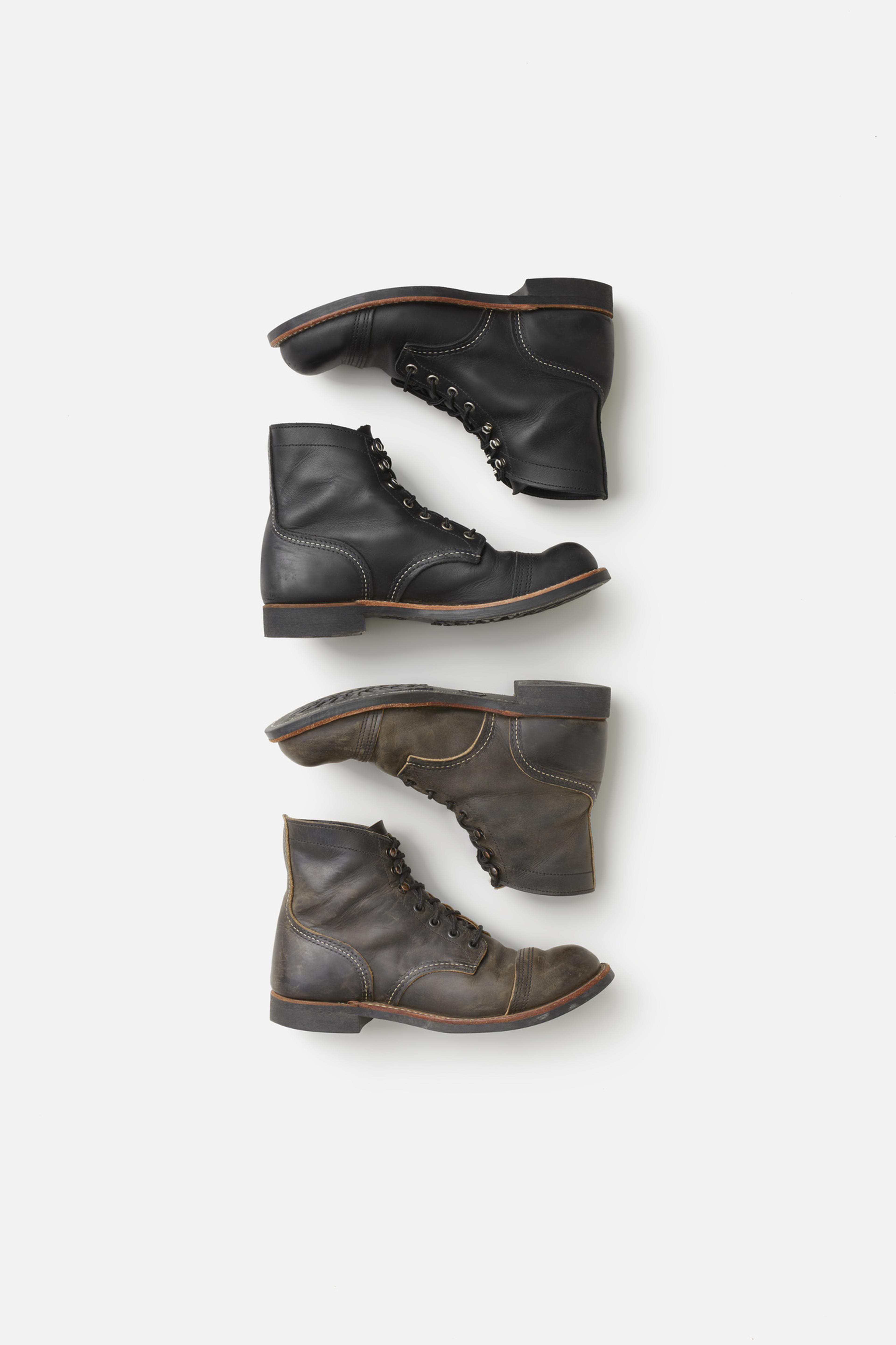 Four rugged leather boots, two black and two brown, arranged vertically on a white background, showcasing their side profiles.