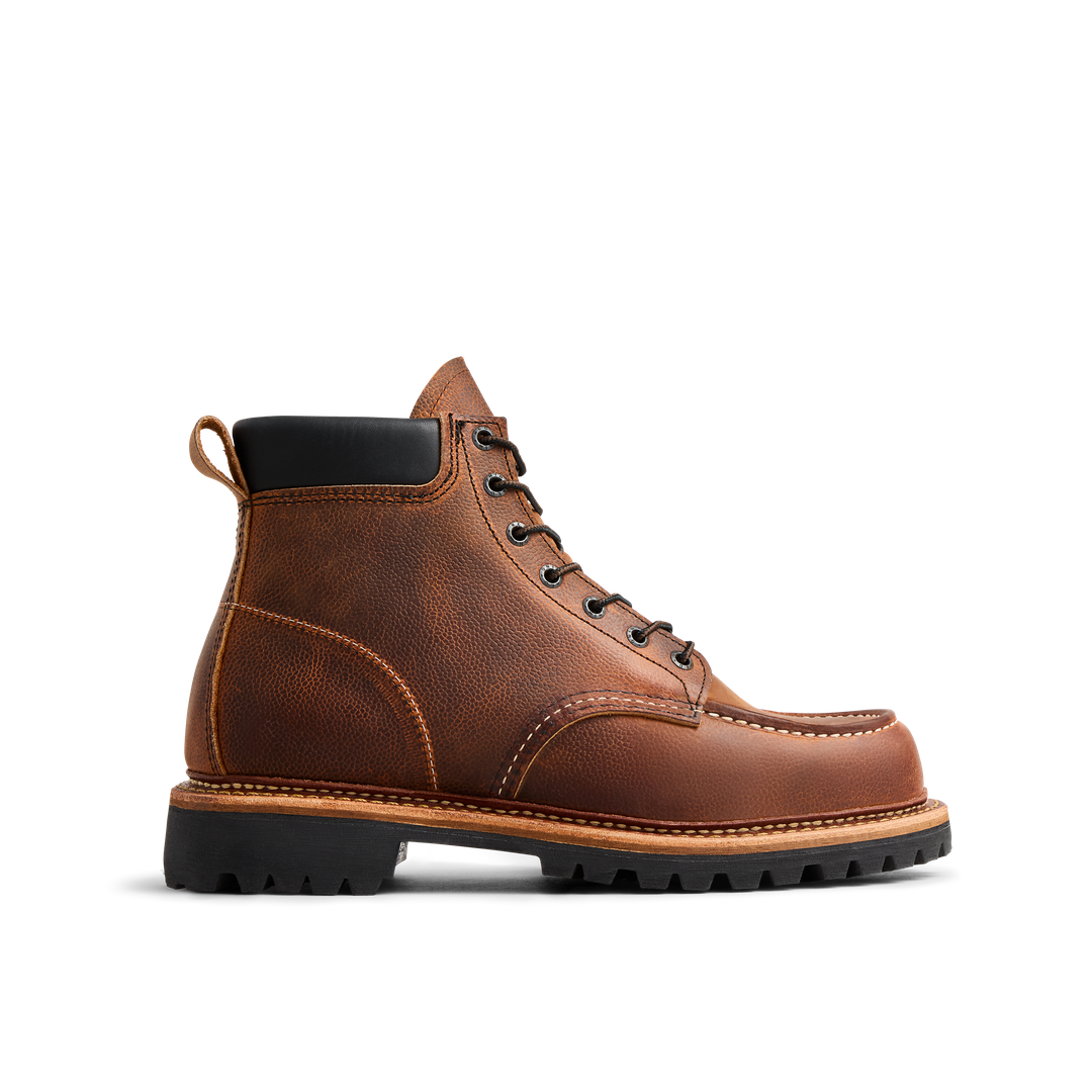 A brown leather lace-up boot with black padded collar and rugged sole, viewed from the side, set against a plain black background.