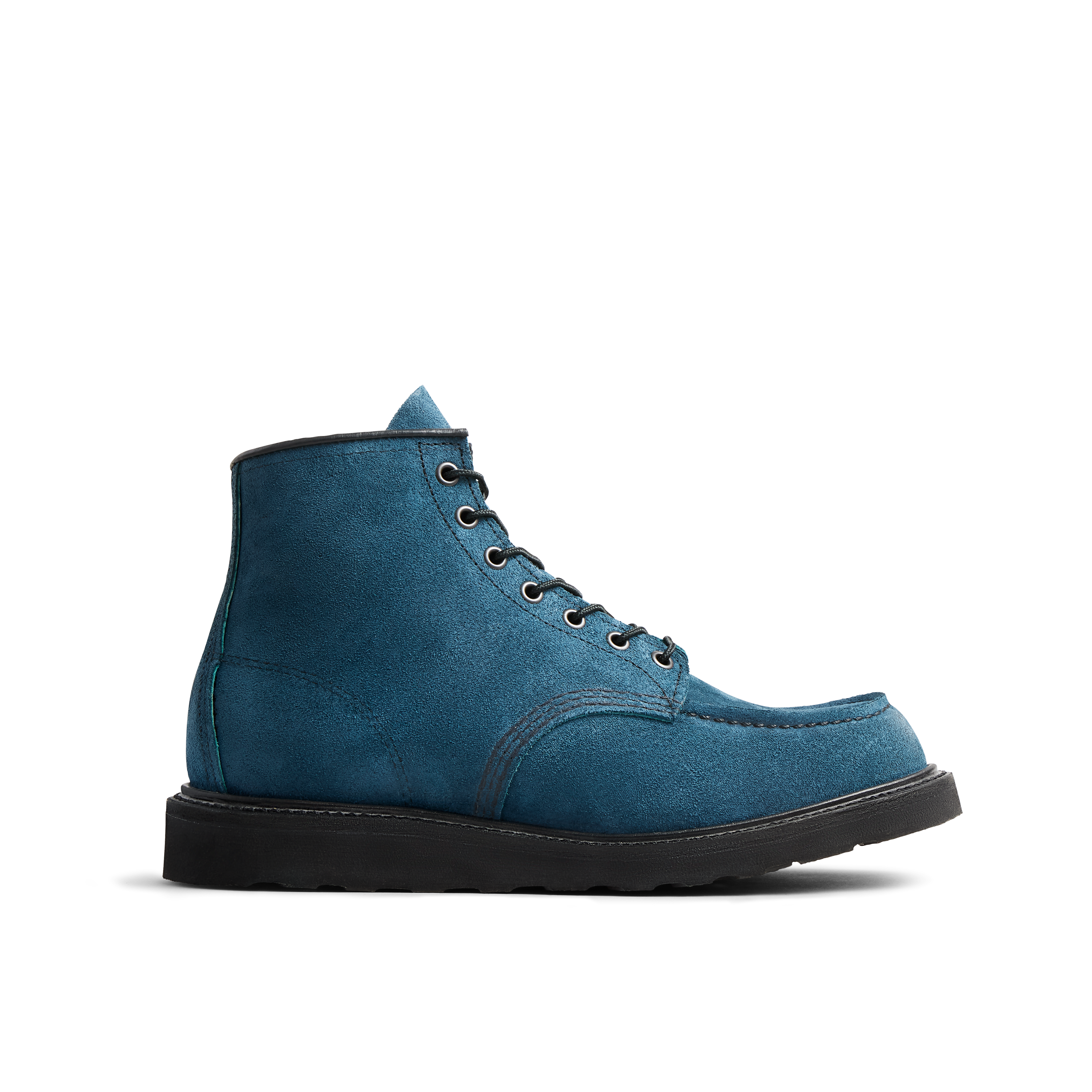 A blue suede ankle boot with black laces and a black sole, viewed from the side against a white background.