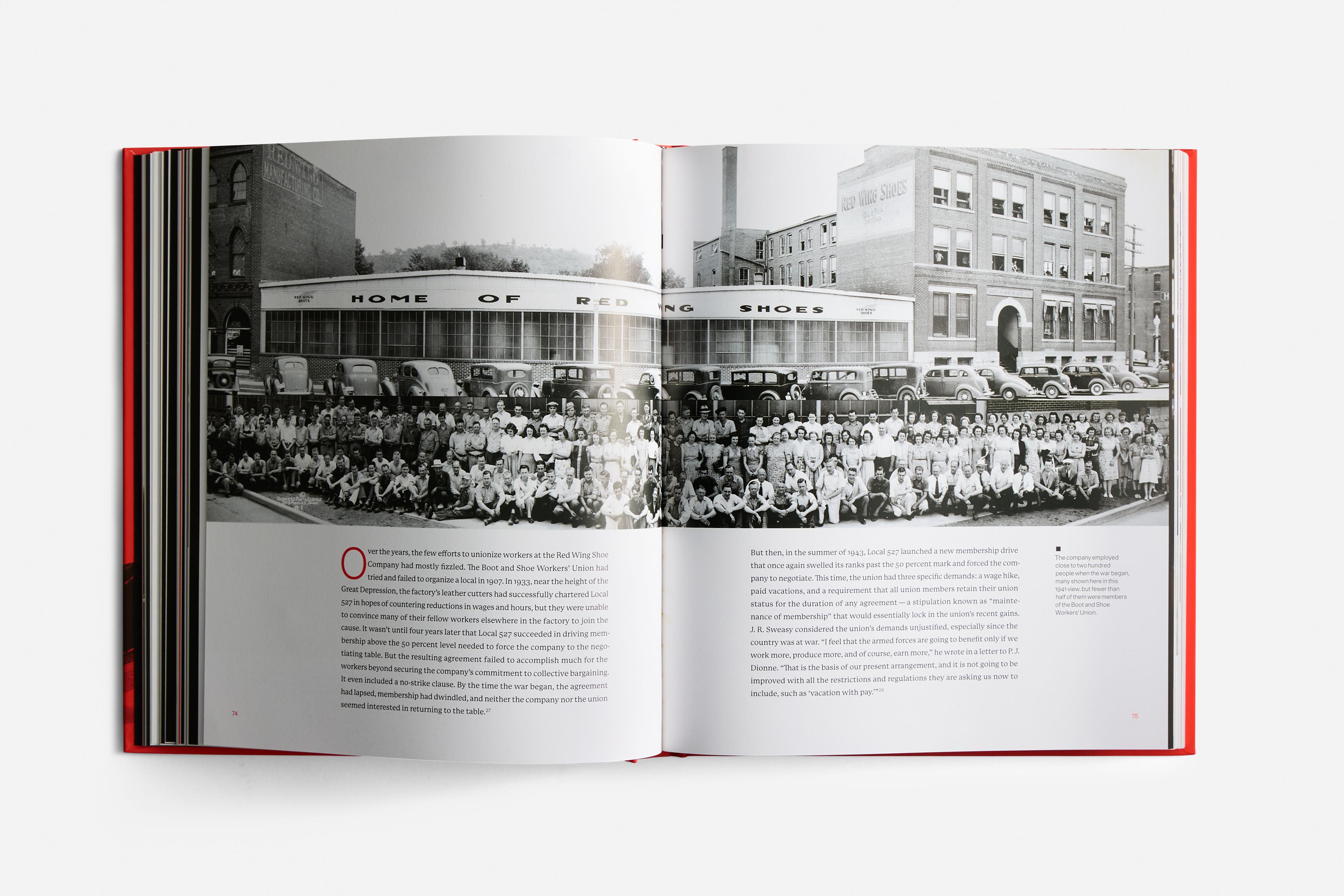 Open book showing a black-and-white photo of a large group of people outside a building labeled "Home of Red Wing Shoes," with accompanying text.