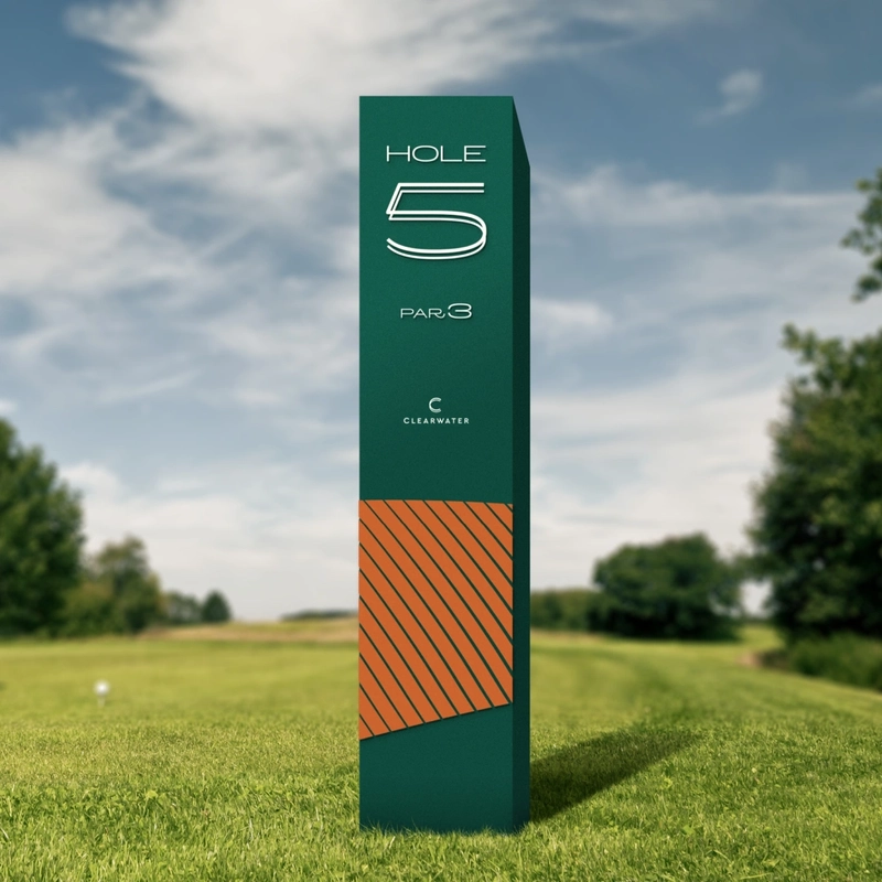 Tall signpost on a golf course reading "Hole 5, Par 3, Clearwater," set against a grassy field and partly cloudy sky.
