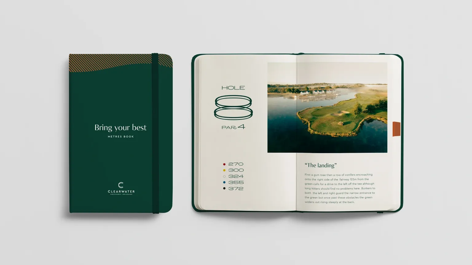 Open notebook with a golf course map and distance markers, next to a closed notebook labeled "Bring your best" with a green cover.