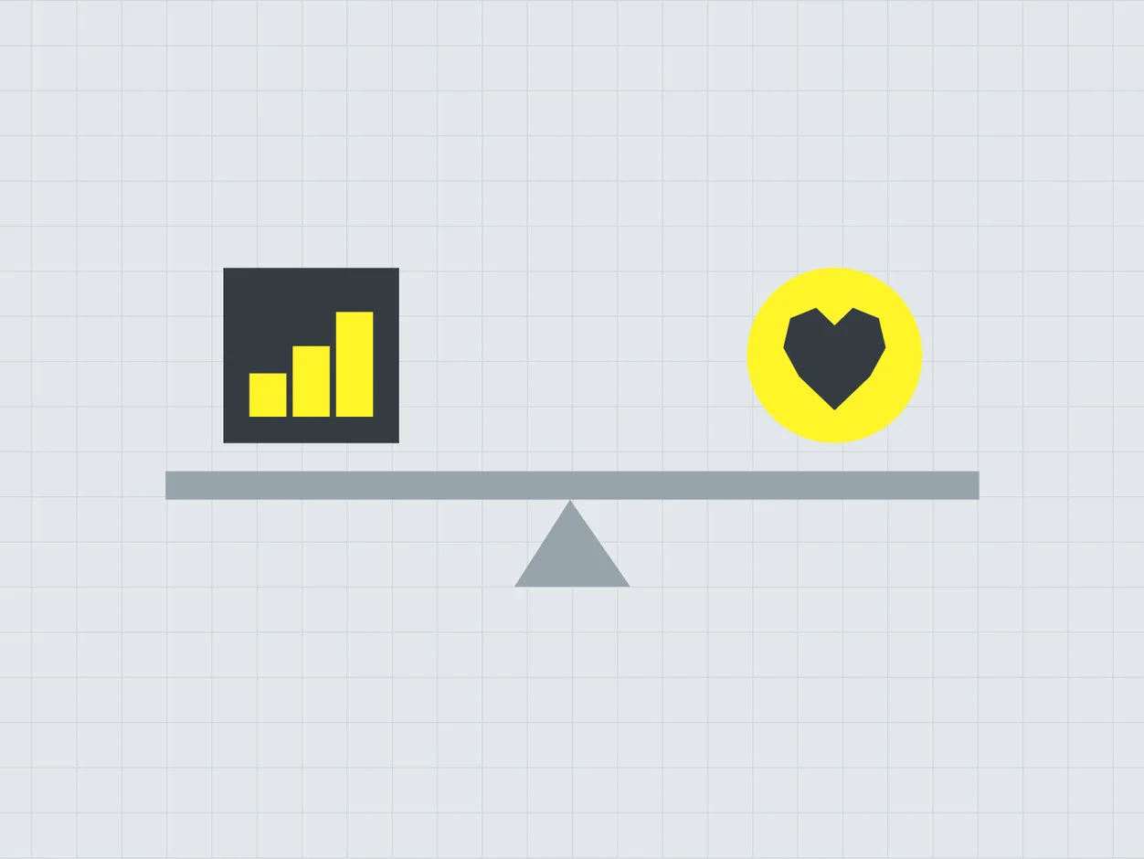 Seesaw balancing an analytics chart and a heart, illustrating performance versus brand