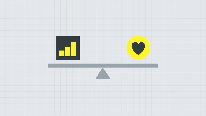 Seesaw balancing an analytics chart and a heart, illustrating performance versus brand