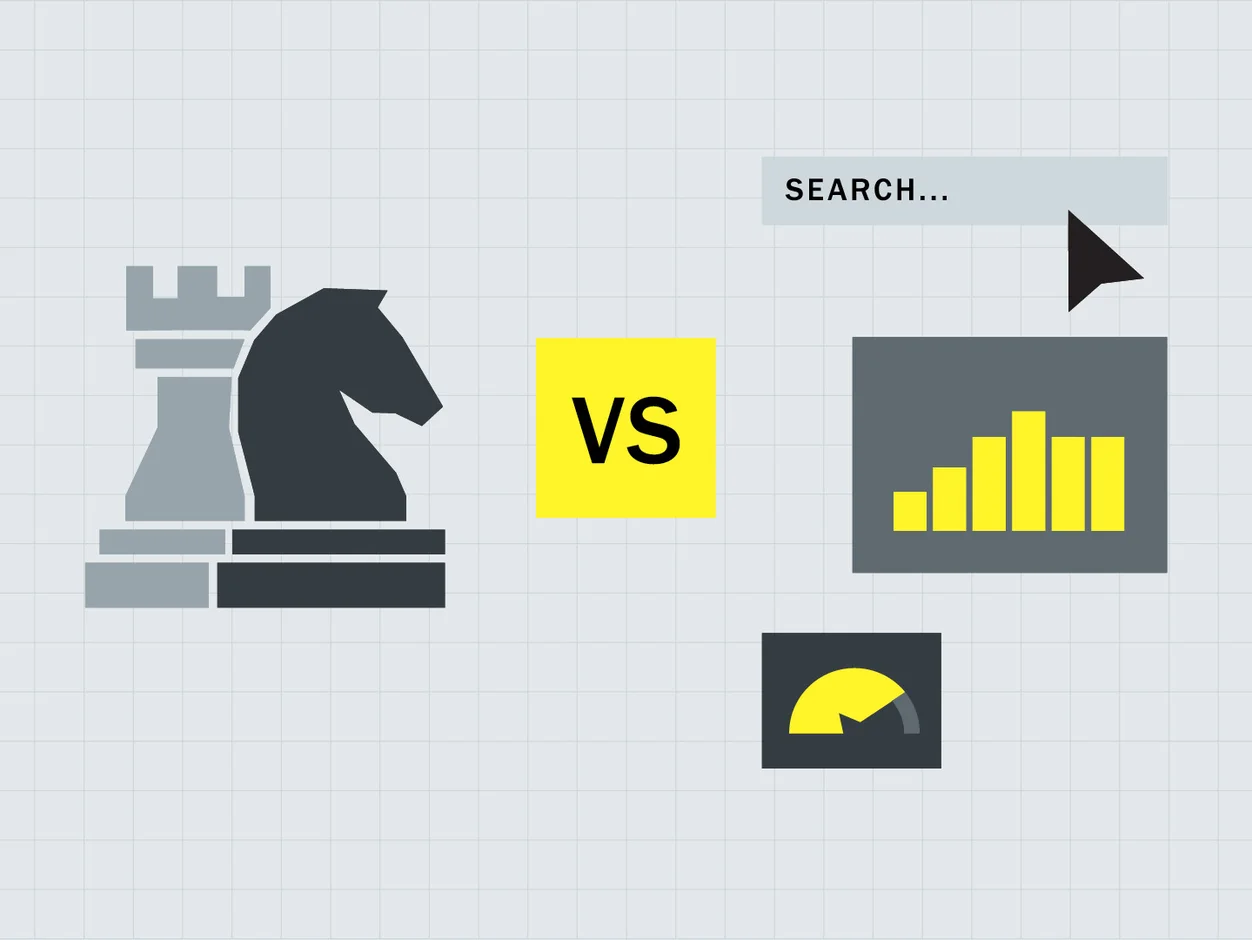 Chess pieces versus an analytics dashboard, illustrating strategy versus activity