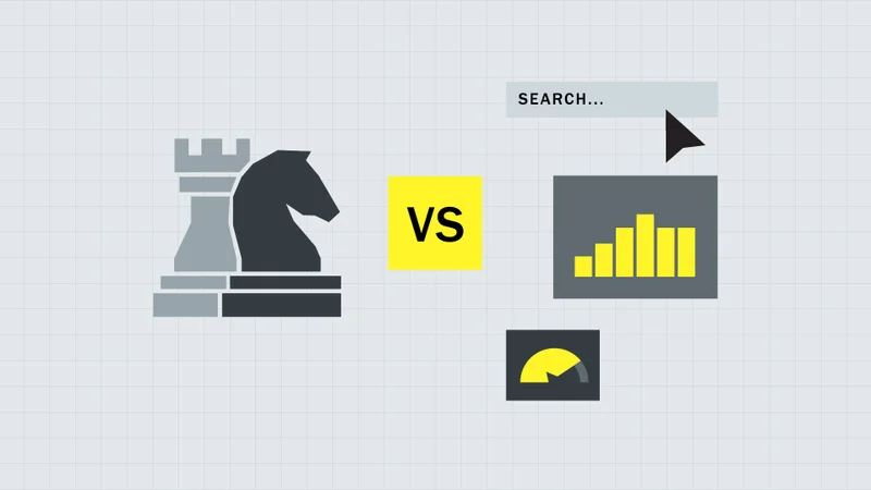 Chess pieces versus an analytics dashboard, illustrating strategy versus activity
