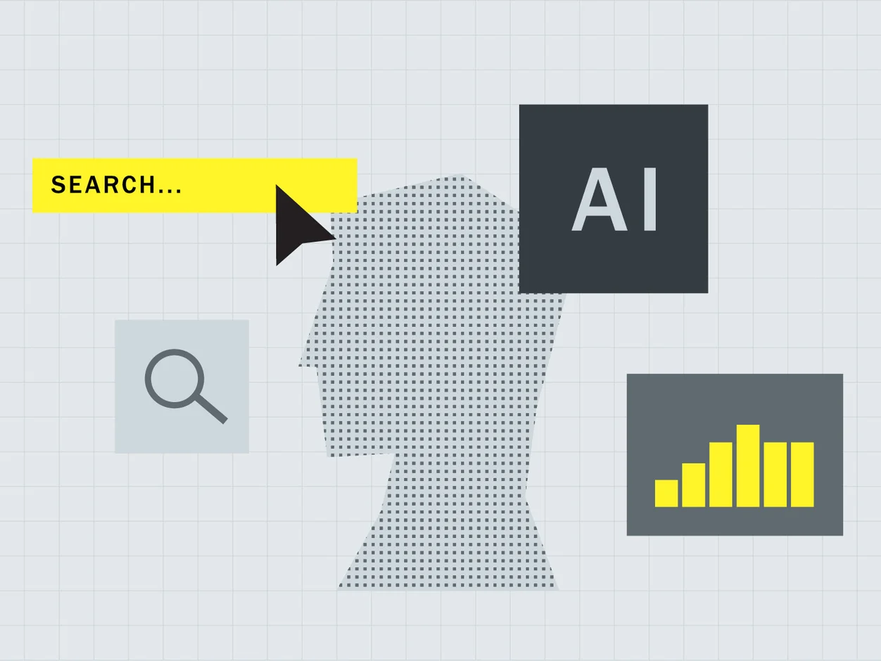 Head silhouette with a search bar, AI label and analytics, illustrating AI search