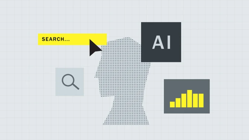 Head silhouette with a search bar, AI label and analytics, illustrating AI search
