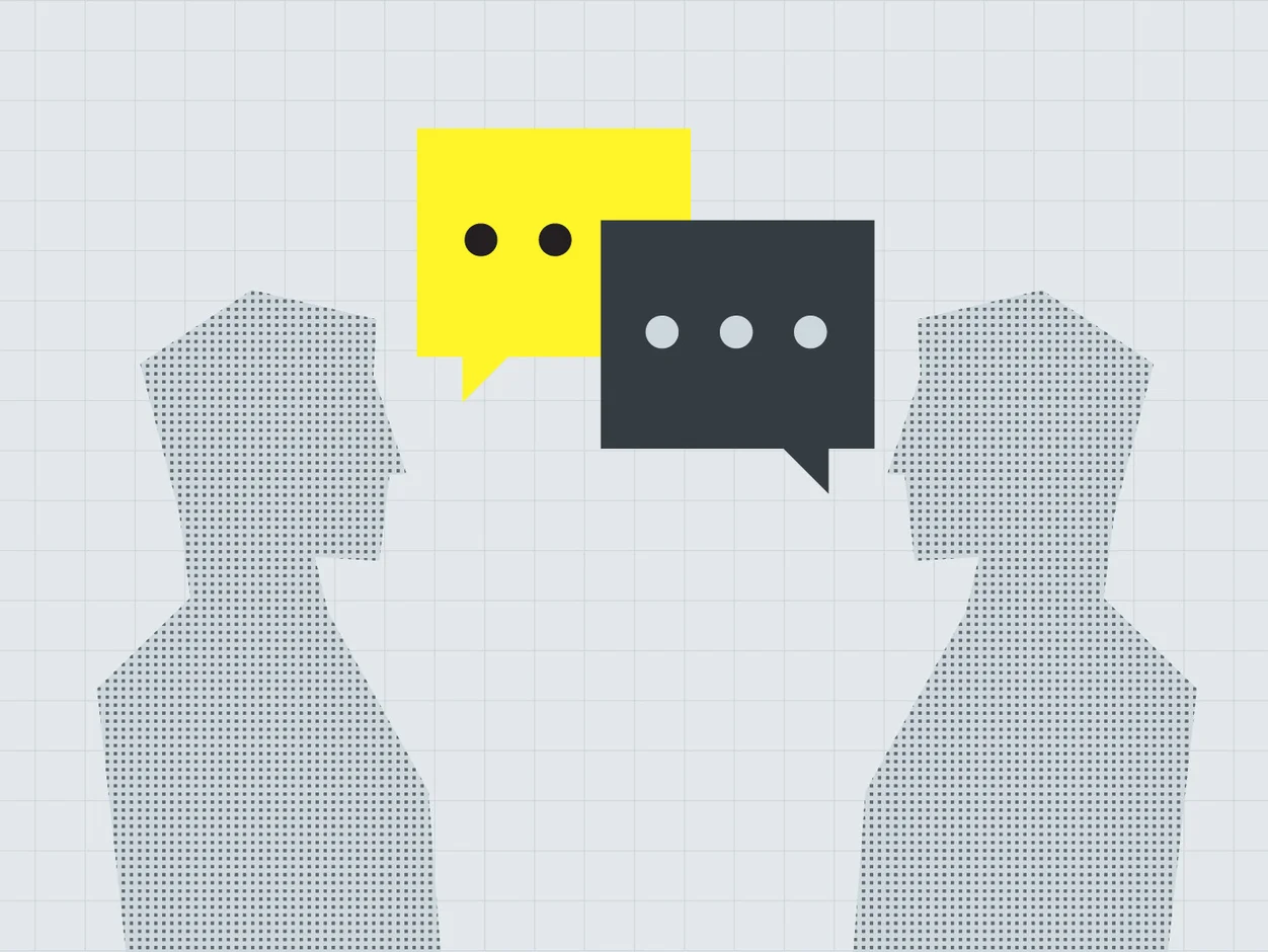 Two people facing each other with speech bubbles, illustrating a business conversation