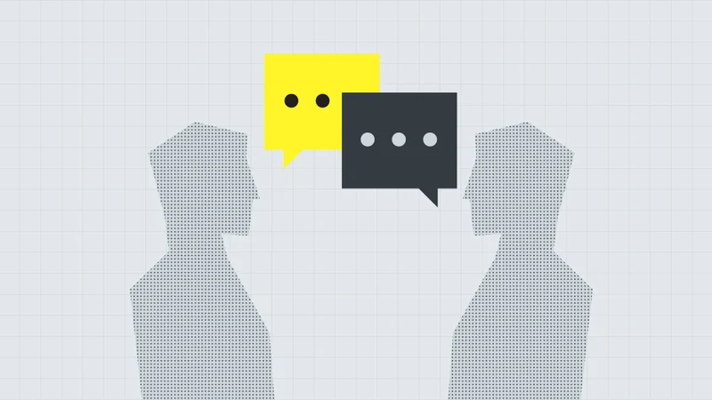 Two people facing each other with speech bubbles, illustrating a business conversation