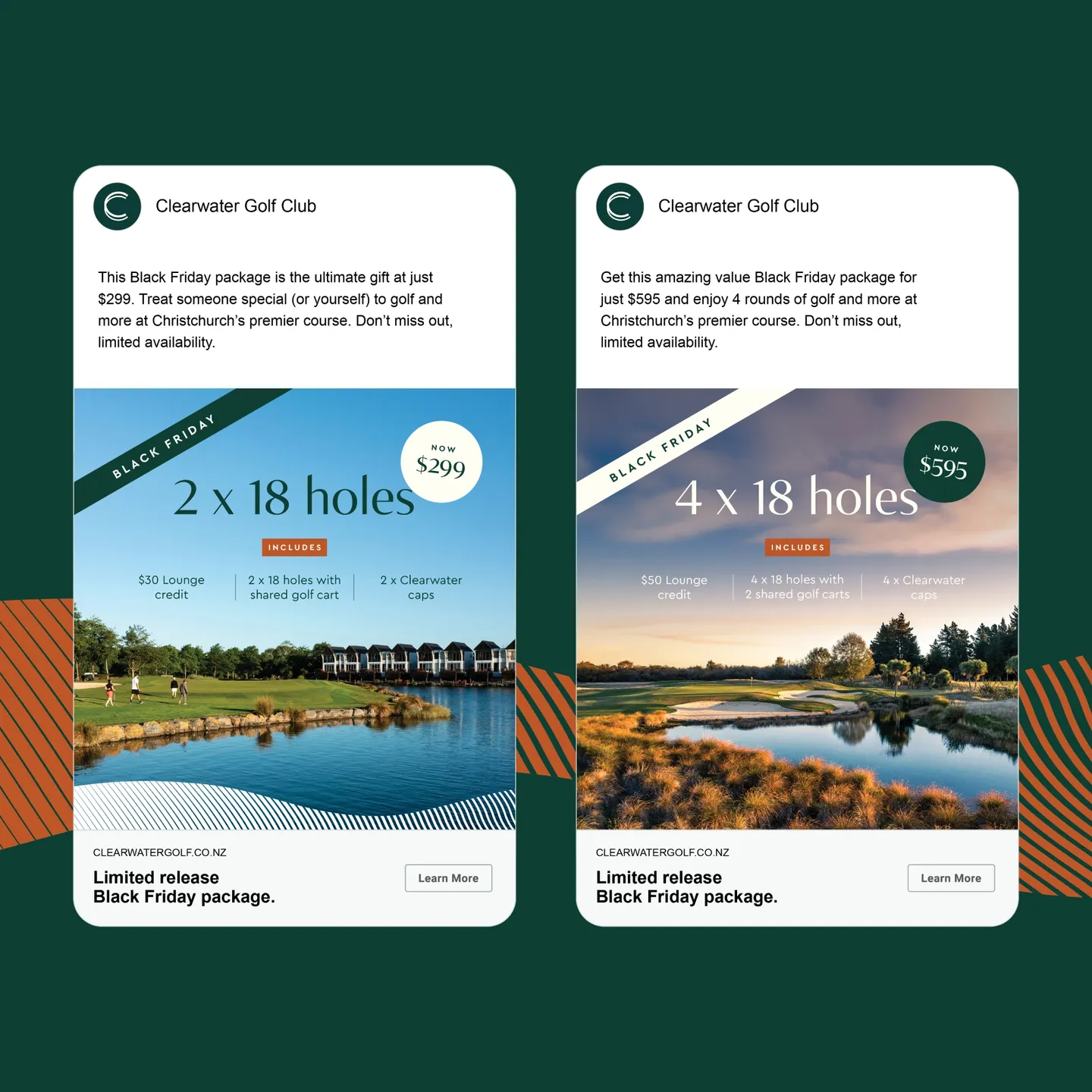 Two promotional golf club packages featuring images of courses, labeled "2 x 18 holes" and "4 x 18 holes" for Black Friday sales.