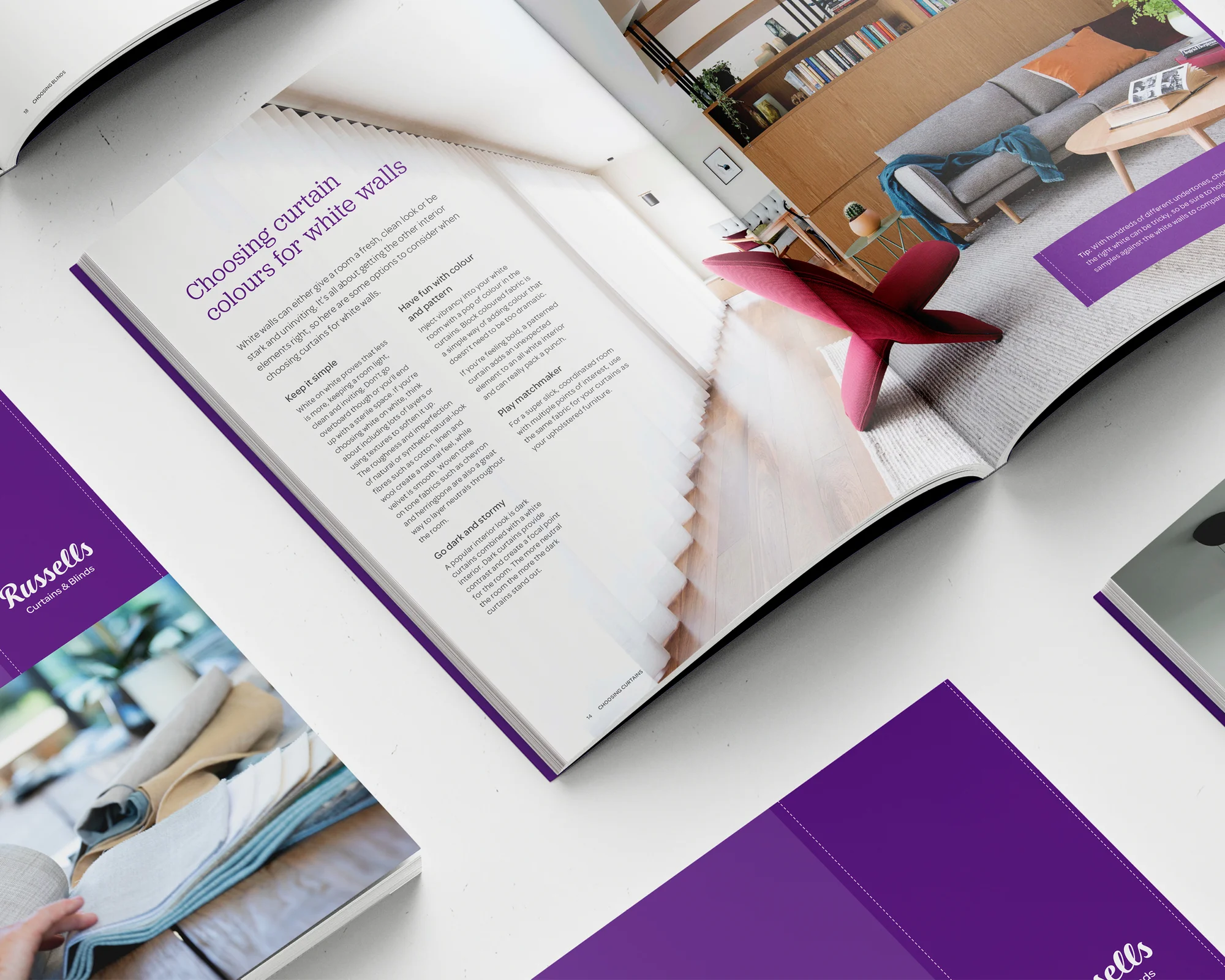 Open Russells Curtains & Blinds brochure on choosing curtain colours for white walls