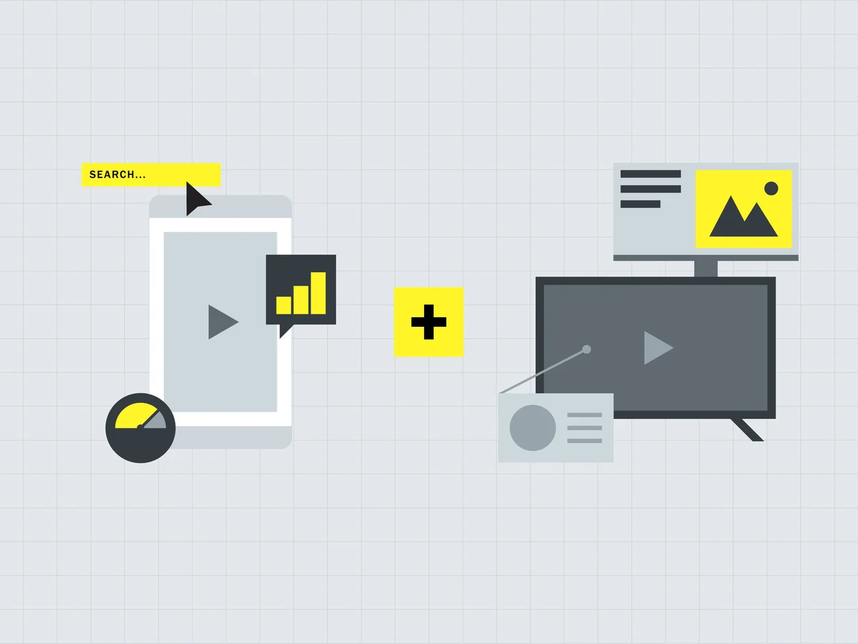 Flat illustration of search and content across a phone, desktop and TV screen